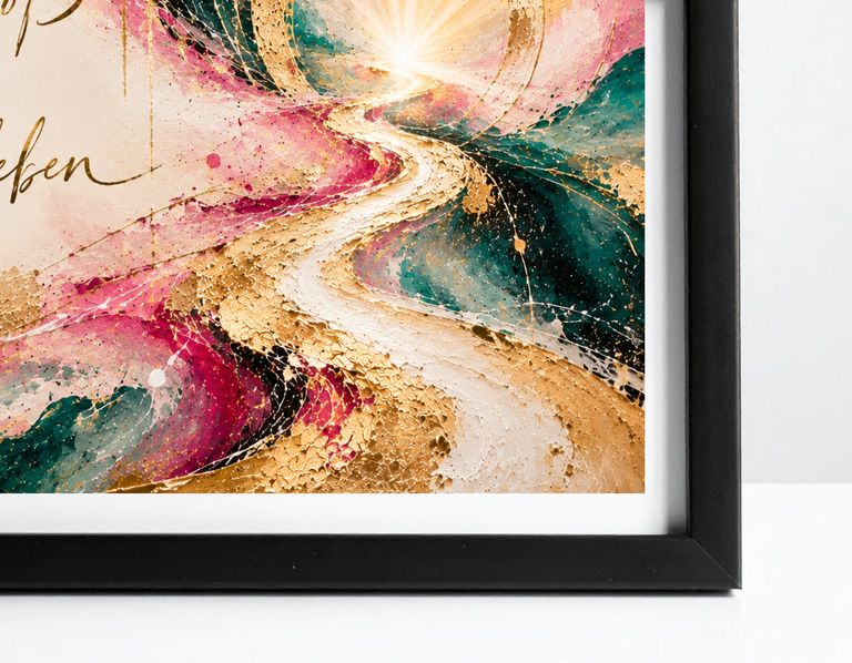 Ein Ausschnitt eines farbenfrohen Kunstwerks mit leuchtendem Pfad in Gold, Weiß, Pink und Blau, eingefasst in einen schwarzen Rahmen.